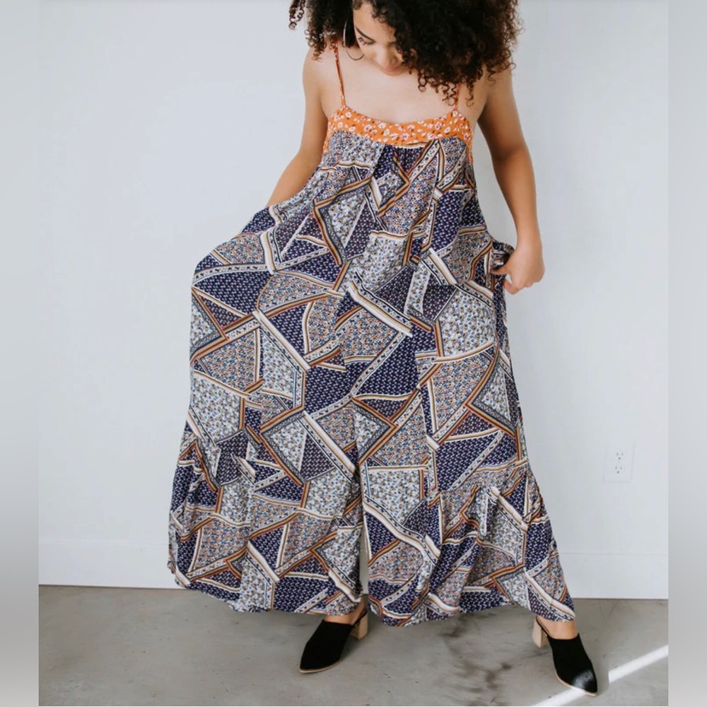 Kori Geometric Patterned Jumpsuit in Blue and Orange